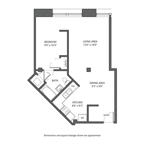 A floor plan of a small apartment with a bedroom, living area, dining area, kitchen, bath, and entry.