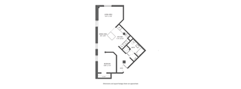 A floor plan of a house with a living area, dining area, kitchen, bath, bedroom, and entry.