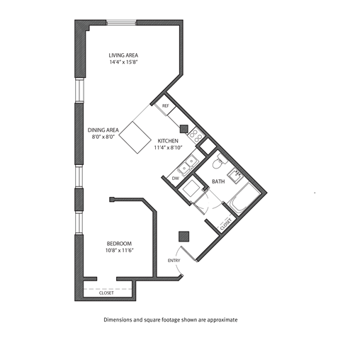 A floor plan of a house with a living area, dining area, kitchen, bath, bedroom, and entry.