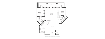 A black and white floor plan of a house with a balcony, two bedrooms, a living area, a dining area, a kitchen, a foyer, a bath, a closet, a reference area, and an entry.