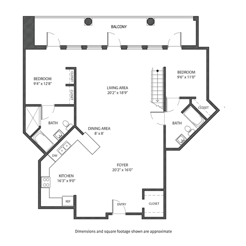A black and white floor plan of a house with a balcony, two bedrooms, a living area, a dining area, a kitchen, a foyer, a bath, a closet, a reference area, and an entry.
