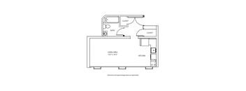A floor plan of a small apartment with a living area, kitchen, and bathroom.
