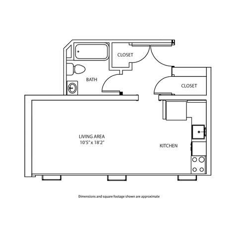 A floor plan of a small apartment with a living area, kitchen, and bathroom.