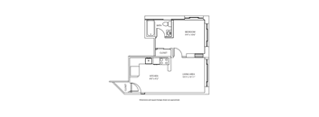 A drawing of a floor plan for a small apartment with a bedroom, kitchen, and living area.