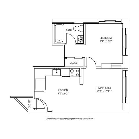 A drawing of a floor plan for a small apartment with a bedroom, kitchen, and living area.