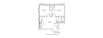 A drawing of a house floor plan with two bedrooms, a living area, kitchen, bathroom, and closet.