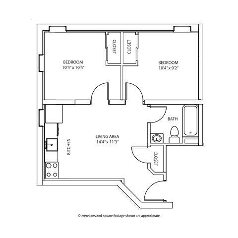 A drawing of a house floor plan with two bedrooms, a living area, kitchen, bathroom, and closet.