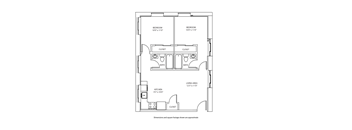A floor plan of a small apartment with two bedrooms, a kitchen, and a living area.