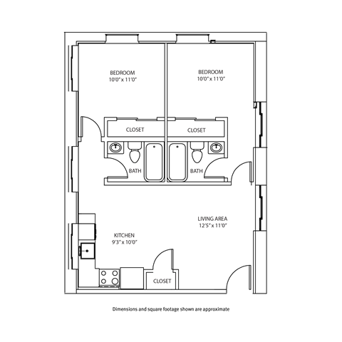 A floor plan of a small apartment with two bedrooms, a kitchen, and a living area.