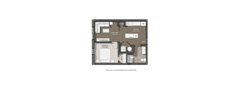 A floor plan of a small apartment with a living area, bedroom, bathroom, kitchen, and entryway.