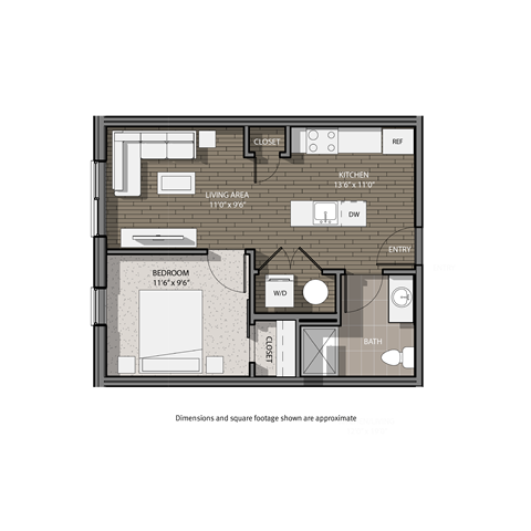 A floor plan of a small apartment with a living area, bedroom, bathroom, kitchen, and entryway.