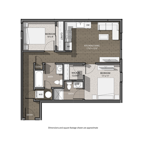 A floor plan of a house with a kitchen, bathroom, and bedrooms.