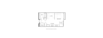 A floor plan of a small apartment with a living room, bedroom, kitchen, and bathroom.