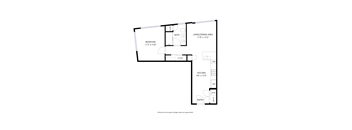 A floor plan of a house with a living/dining area, kitchen, bedroom, and bathroom.