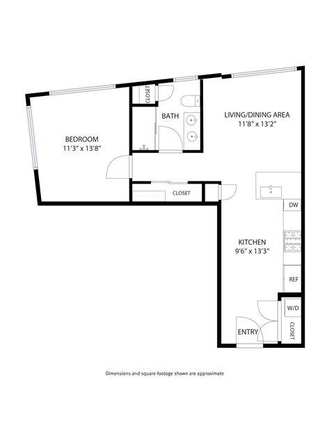 A floor plan of a house with a living/dining area, kitchen, bedroom, and bathroom.