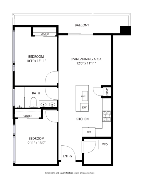 A black and white image of a floor plan for a two bedroom apartment.