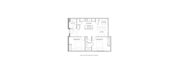 A floor plan of a two bedroom apartment with a living room, kitchen and bathroom.