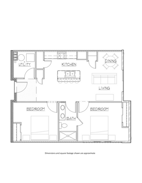 A floor plan of a two bedroom apartment with a living room, kitchen and bathroom.