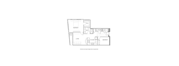 A black and white floor plan of a house with a living room, kitchen, dining room, and two bedrooms.
