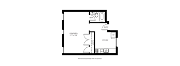 A floor plan of a small apartment with a bathroom, kitchen, and living area.
