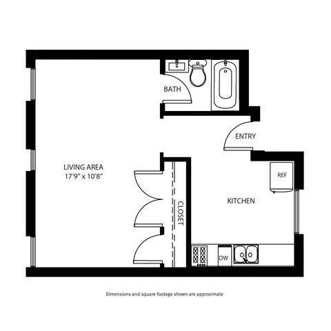 A floor plan of a small apartment with a bathroom, kitchen, and living area.