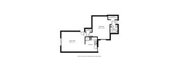 A black and white drawing of a house layout with a living area, kitchen, bathroom and bedroom.