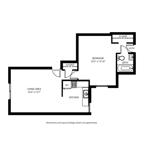 A black and white drawing of a house layout with a living area, kitchen, bathroom and bedroom.
