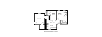 A black and white image of a floor plan for a house with two bedrooms, a living area, a kitchen, a bathroom, and two entries.