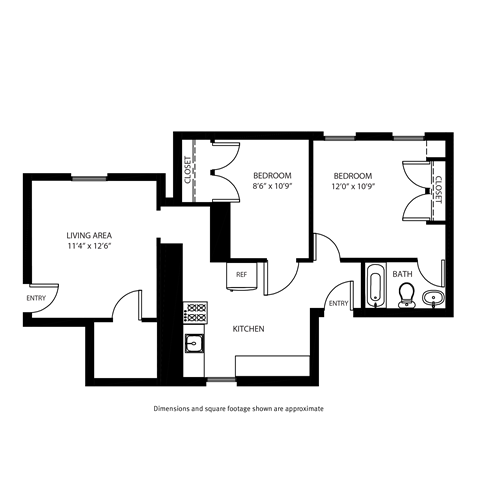 A black and white image of a floor plan for a house with two bedrooms, a living area, a kitchen, a bathroom, and two entries.