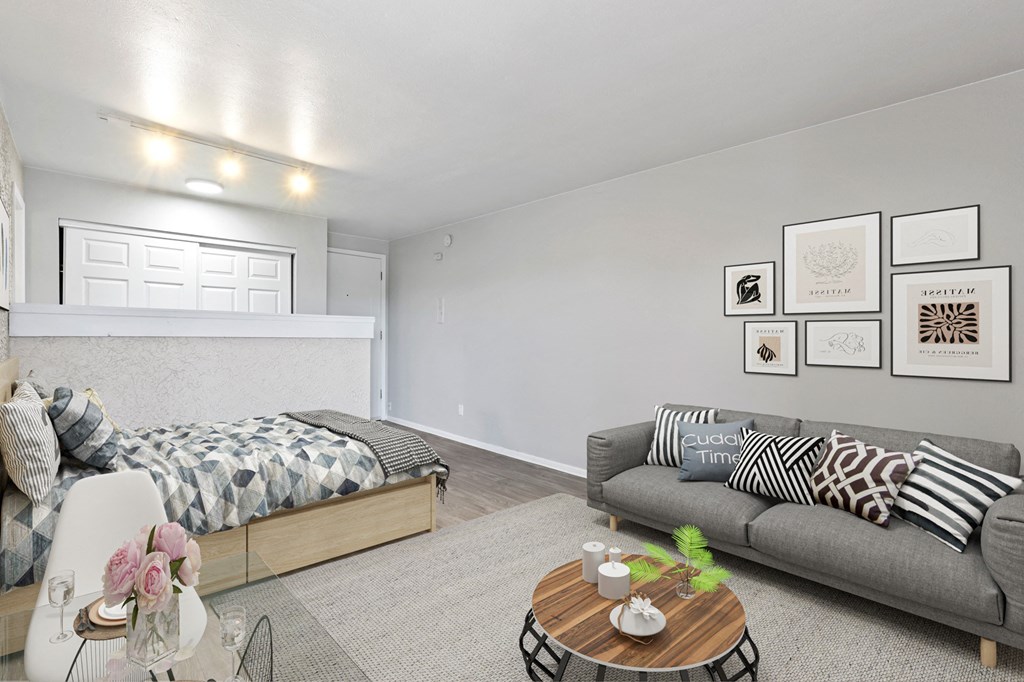 a bedroom with a bed and a couch