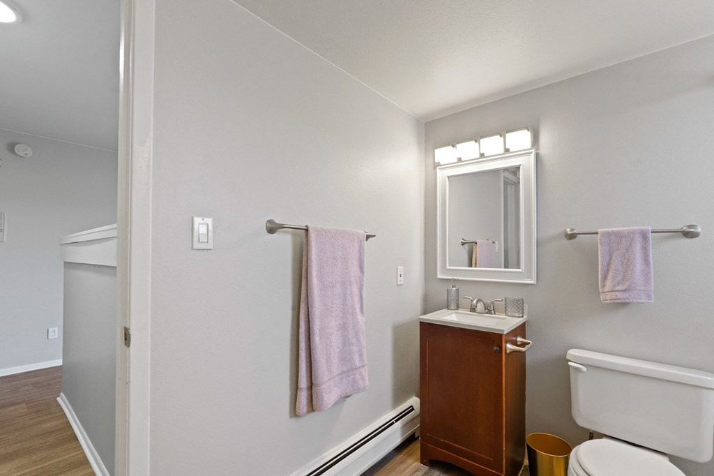 a bathroom with a toilet sink and mirror