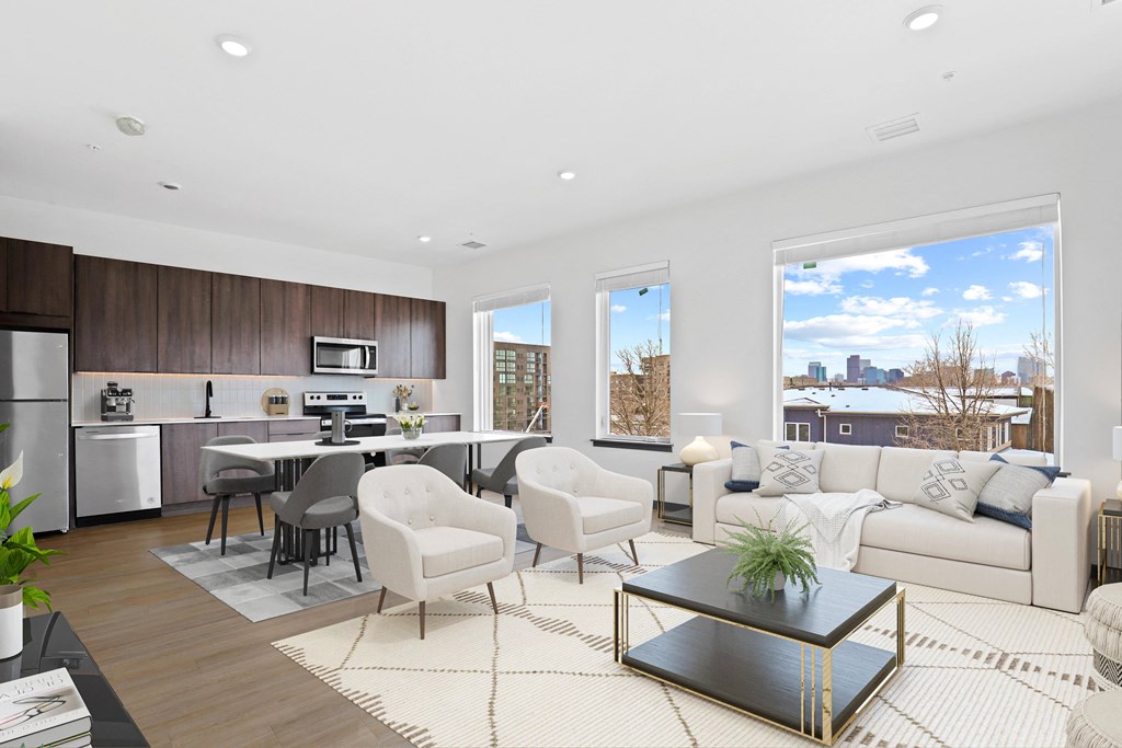 a living room with a couch and a table