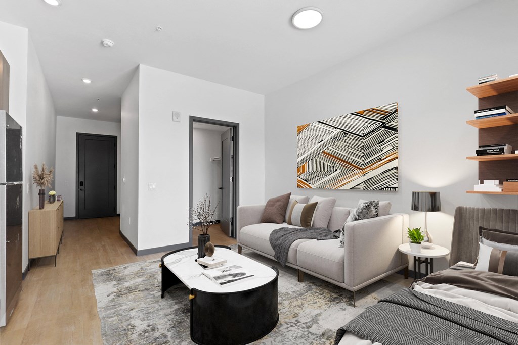 a living room with a couch and a coffee table