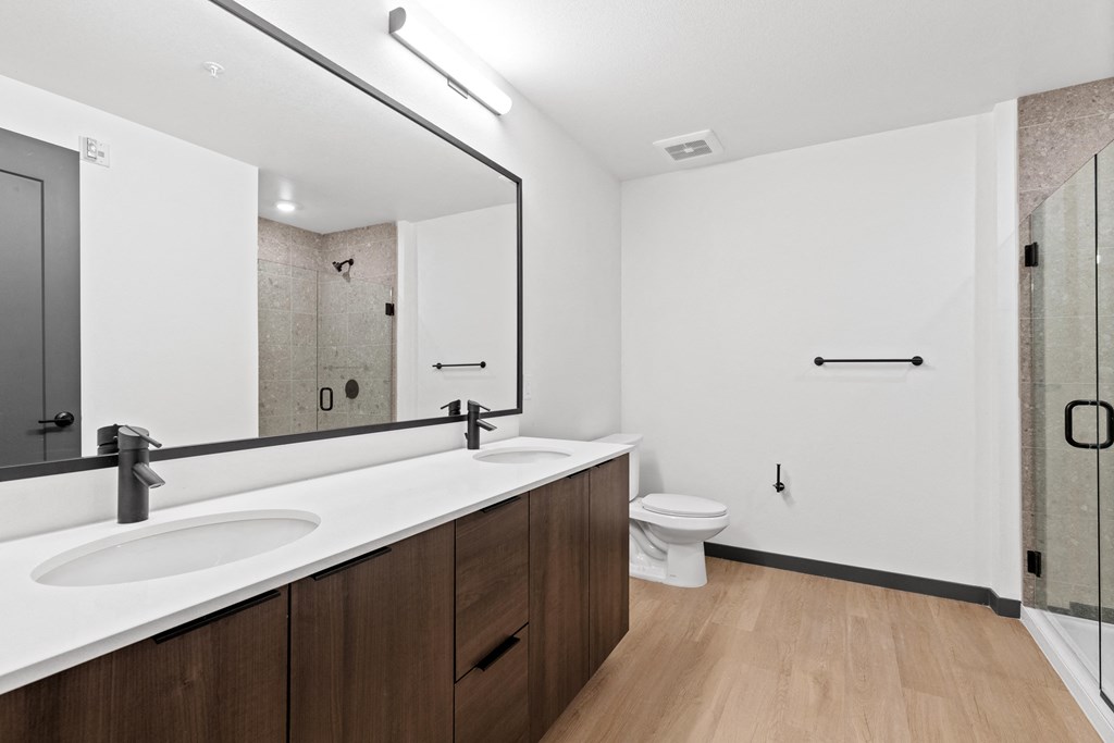 a bathroom with a large mirror and a sink and a toilet