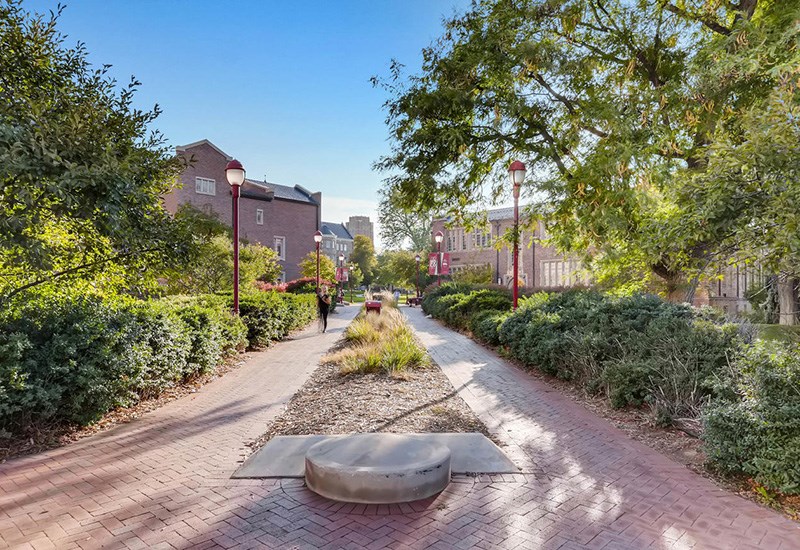 A brick pathway leads through a landscaped area with a bench in the middle.