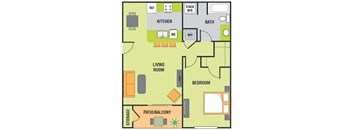 A floor plan of a house with a kitchen, living room, bedroom, bathroom, and patio/balcony.