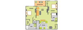 A floor plan of a house with a patio and balcony.