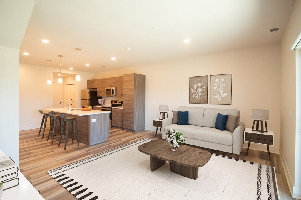 a living room with a couch and a table