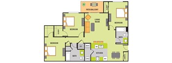 A floor plan of an apartment with a living room, kitchen, and three bedrooms.