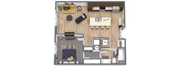 A top-down view of a living room with a couch, chair, and television.