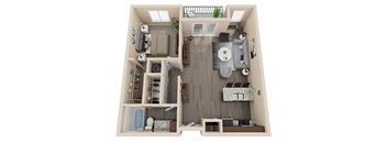 A top-down view of a small apartment with a kitchen, living room, and bedroom.