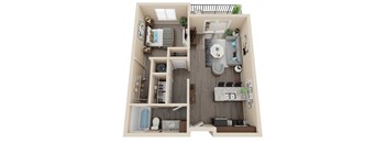 A small apartment with a bedroom, living room, and bathroom.