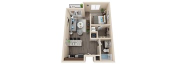 A 3D floor plan of a small apartment with a living room, kitchen, and bathroom.