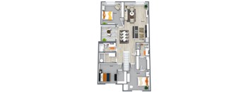 A floor plan of a house with a living room, dining room, kitchen, and two bedrooms.