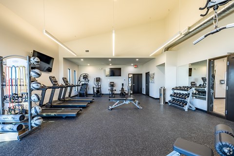 A spacious gym with treadmills, weights, and exercise equipment.