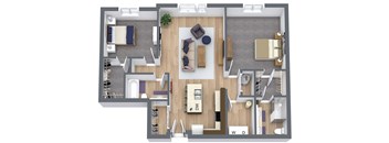 A top-down view of a house layout with a living room, dining area, kitchen, and bathrooms.
