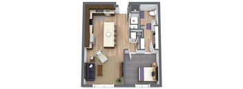 A top-down view of a living room with a couch, a coffee table, and a television.