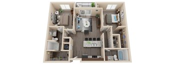 A top-down view of a small apartment with a kitchen, living room, and bedroom.