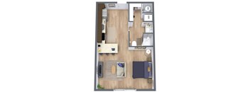 A top down view of a small apartment with a living room, kitchen, and bathroom.