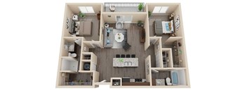 A top-down view of a small apartment with a kitchen, living room, and bedroom.